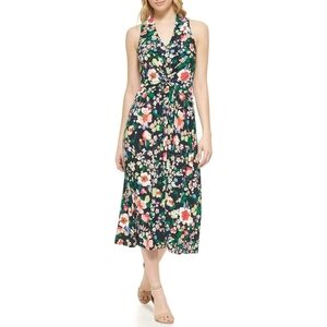 Tommy Hilfiger Navy Twist Front Floral Sleeveless V Neck Mid Calf Midi Dress